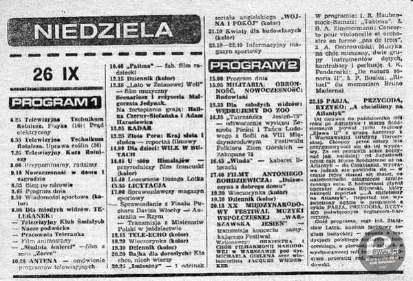 Program telewizyjny z niedzieli 1976 roku